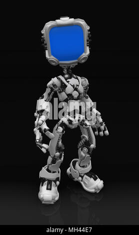 Kleine 3d-Roboter Abbildung, stehend auf eine reflektierende Oberfläche zu richten. Stockfoto