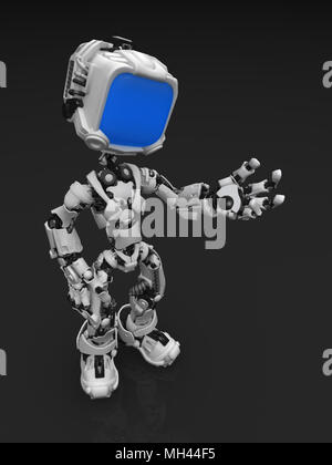 Kleine 3d-Roboter Abbildung, stehend auf eine reflektierende Oberfläche zu richten. Stockfoto