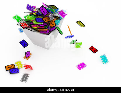 Viele kleine 3d e-Symbole auf einem Platz bin, isoliert Stockfoto