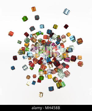 Zahlreiche verpackt Geschenkkarton 3d, isoliert, über Weiß Stockfoto