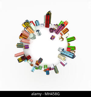 Zahlreiche verpackt Geschenkkarton 3d, isoliert, über Weiß Stockfoto