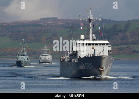 HNLMS Mercuur A900 (Niederländische Marine), FGS Bad Bevensen M1063 (Deutsche Marine), und KNM Otra M 351 (norwegische Marine), bei der Ankunft für gemeinsame Krieger 18-1. Stockfoto