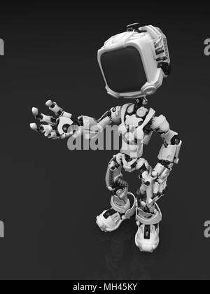 Kleine 3d-Roboter Abbildung, stehend auf eine reflektierende Oberfläche zu richten. Stockfoto