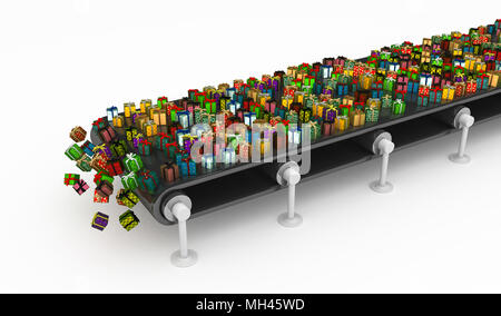 Zahlreiche verpackt Geschenkkarton 3d, isoliert, horizontal Stockfoto
