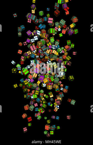 Zahlreiche verpackt Geschenkkarton 3d, isoliert, vertikal Stockfoto