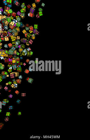 Zahlreiche verpackt Geschenkkarton 3d, isoliert, vertikal Stockfoto