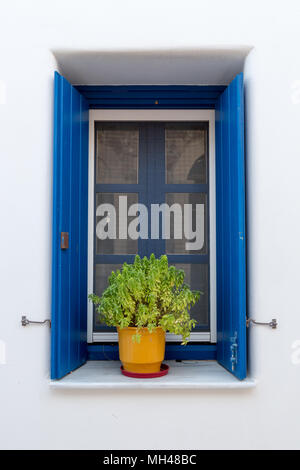 Bunten Topfpflanzen auf der Fensterbank im griechischen Haus auf der Insel Milos Stockfoto