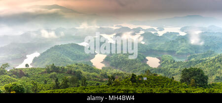 Ta Mist See am Morgen, wenn die Sonne aufgeht, am Gipfel des Berges scheint Nebel in die See voller Nebel und kleine Inseln Paradies Stockfoto