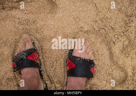 Hohe Betrachtungswinkel der Füße mit snadles auf einem sandigen nassen Strand Stockfoto