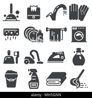 Reinigung, Icon Set, Dienstleistungen für die Reinigung und Wäsche in verschiedenen Zimmern. Symbole für die Website Stock Vektor
