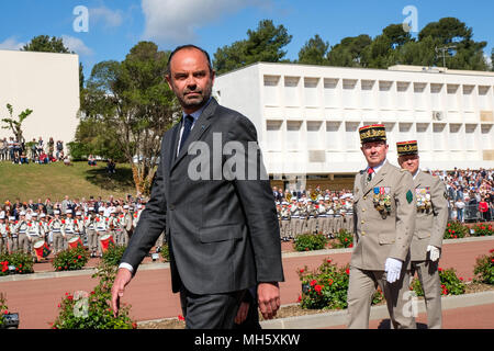 Nans-les-Pins, Südfrankreich. 30.April 2018. Der französische Premierminister Edouard Philippe, französischer Verteidigungsminister Florence Parly und der französische General Jean-Pierre Bosser, Stabschef der französischen Landstreitkräfte (chef d'Etat-major de l'Armee de terre, CEMAT), Pioniere der Französischen Fremdenlegion (Legion etrangere), am 30. April 2018 in Marseille, Südfrankreich, während einer Zeremonie zum Gedenken an den 155. Jahrestag des legendären Schlacht von Camaron (Mexiko). Credit: Frédéric Marie/Alamy leben Nachrichten Stockfoto