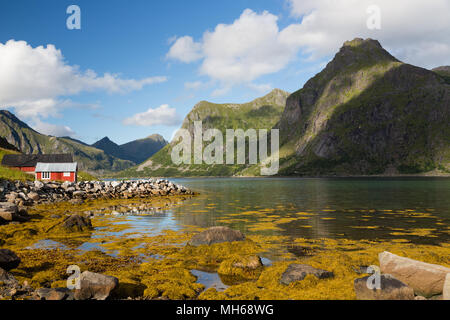 Rotes Haus im malerischen Fjord Stockfoto