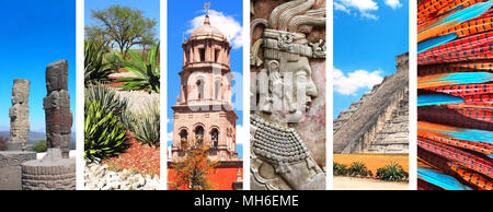 Sammlung von vertikalen Banner mit berühmten Sehenswürdigkeiten von Mexiko - Pyramide des Kukulcan, Basrelief des Maya-Königs Pakal, Glockenturm in Queretaro, atlante Stockfoto