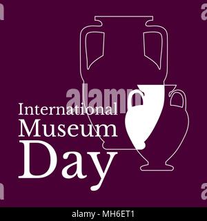 Internationalen Museumstag. Das Konzept der Veranstaltung. 18. Mai. Der Name der Urlaub und die Umrisse der beiden griechischen Vasen. Burgund Hintergrund Stock Vektor