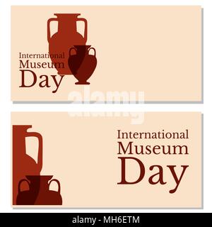 Internationalen Museumstag. Das Konzept der Veranstaltung. 18. Mai. Ferienwohnung name und zwei griechische Vasen. Beige Hintergrund. Flyer zur Veranstaltung Teilnehmer. Stock Vektor