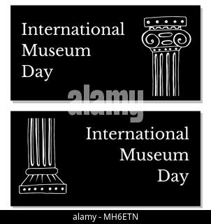 Internationalen Museumstag. Das Konzept der Veranstaltung. 18. Mai. Ferienwohnung name und zwei griechische Vasen. Schwarzen Hintergrund. Flyer zur Veranstaltung Teilnehmer. Stock Vektor