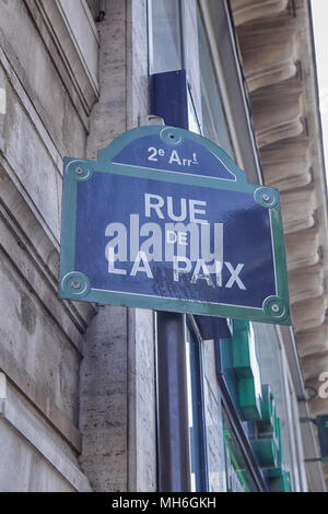 Rue de la paix Straßenschild in Paris, Frankreich, Stockfoto