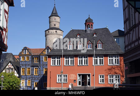 Rathaus, Hexenturm, Bergfried, das schiefe Haus, Altstadt, Idstein Stockfoto