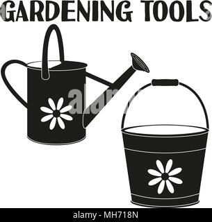 Schwarze und weiße Gartenbewässerung Silhouette. Schaufel und Gießkanne. Garten Werkzeug Vektor-illustration Geschenkkarte Zertifikat, Aufkleber, Abzeichen, Zeichen, l Stock Vektor