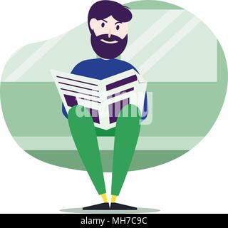 Kaukasische mann lesen Zeitung im öffentlichen Verkehr. Hipster Mann mit Bart mit den öffentlichen Verkehrsmitteln reisen. Stock Vektor