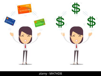 Closeup Portrait lächelnde Frau mit Kreditkarten und Bargeld auf weißem Hintergrund Stock Vektor