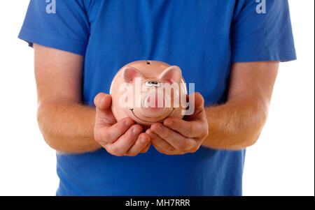 Nahaufnahme einer Person trägt blaue Kurzarm-Shirt mit einem piggi Bank. Stockfoto