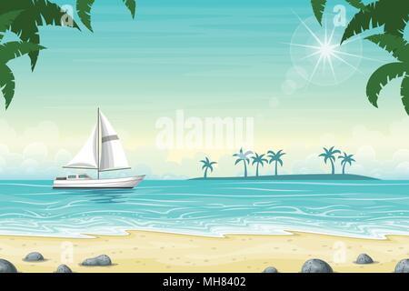 Tropischen Strand Landschaft Sommer Hintergrund mit Boot Stock Vektor