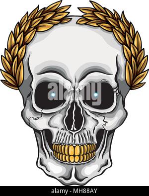 Vector Illustration des menschlichen Schädels mit goldenen Lorbeerkranz und goldene Zähne Stock Vektor