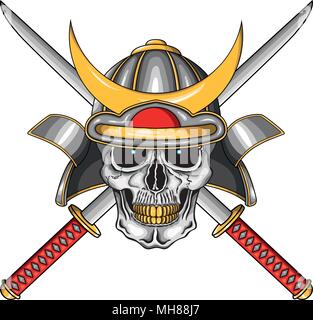 Vector Illustration oh menschlicher Schädel mit japanischen mittelalterlichen Samurai Helm und zwei katanas (Schwerter). Stock Vektor