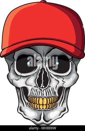 Vector Illustration des menschlichen Schädels mit goldenen Zähne und Baseball Cap. Stock Vektor