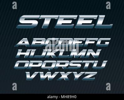 Font aus Stahl, Metall, Chrom Buchstaben alphabet Silber vektor Großbuchstaben, fett kursiv Großbuchstaben font für Mensch auf schwarzem Hintergrund. Stock Vektor