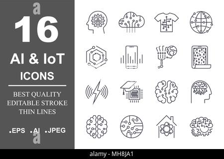 16 Qualität Symbole über AI, IoT, Technik der Zukunft. Editierbare Schlaganfall. Stock Vektor