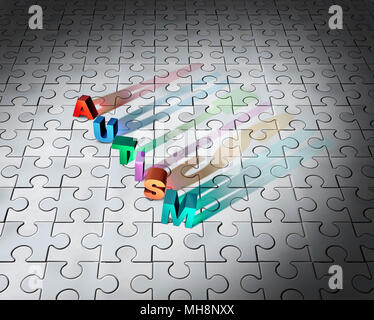 Puzzle von Autismus und Kindheit Entwicklungsstörung jigsaw Hintergrund als ein abstraktes Symbol für autistische Wahrnehmung als 3D-Darstellung. Stockfoto