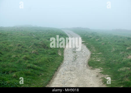 UK Wetter - Küsten Nebel über einem felsigen Track auf Osten Pentire in Newquay Cornwall. Stockfoto