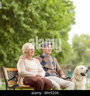 Ältere Paare mit einem Hund sitzen auf einer Bank im Freien Stockfoto