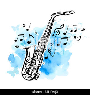 Zusammenfassung Hintergrund mit Noten und Saxophon auf einem blauen Aquarell Textur Stockfoto