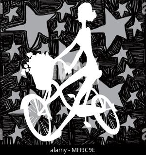 Radfahrer Mädchen, weiße Silhouette auf Star Hintergrund. Vector Illustration eines Mädchen reiten Fahrrad. Weiße Silhouette auf schwarzen Hintergrund mit Sternen. Stock Vektor