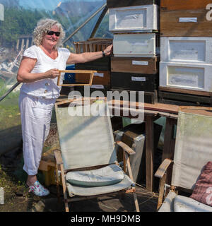 Frau Imker mit Rahmen und tiefen hive Gremien und Statisten Stockfoto