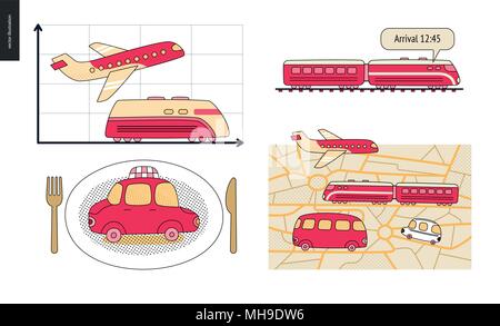 Von A nach B eine Reihe von verkehrsplanung Konzept - Flugzeug und Bahn Fahrplan Grafiken, Taxi Service, City Road map, zugfahrplan Punkt Stock Vektor