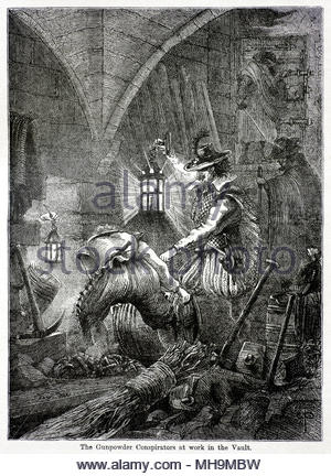 Die Gunpower Verschwörer bei der Arbeit, die in den Vault 1605, war ein Attentat gegen König James I von England und VI. von Schottland, die von einer Gruppe von provinziellen englischen Katholiken von Robert Catesby, antike Darstellung von ca. 1880 Led Stockfoto
