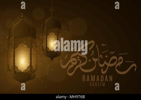 Grußkarte für Ramadan Kareem. Dekorative Laternen leuchten im Dunkeln. Geometrische islamischen Ornament. 1001 Muster. Flying lights. Arabisch calligrap Stock Vektor