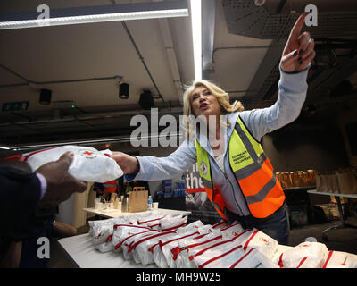 Britischen Roten Kreuz prominente Botschafter Amanda Redman in einem Notfall Simulation mit einer extremen Schnee Szenario vom Britischen Roten Kreuz UK Crisis Response Team, Hoxton Square, London. Stockfoto