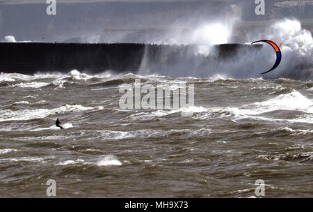 Kitesurfer braves die raue See in Tynemouth, Northumberland. Stockfoto