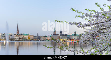 Wunderschöne Aussicht auf Hamburg Rathaus - Rathaus und Alster im Frühling, der Abend Stockfoto