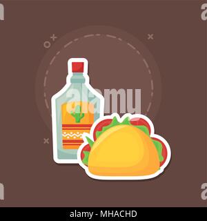 Tequila Flasche und Taco über braunen Hintergrund, farbenfrohen Design. Vector Illustration Stock Vektor
