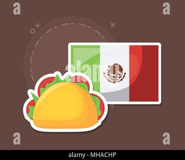 Taco und Flagge von Mexiko über braunen Hintergrund, farbenfrohen Design. Vector Illustration Stock Vektor