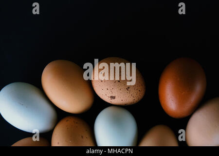 Flach Sammlung von Cage farm huhn eier im Detail. Zeigt verschiedene Multi Color von Ei von einfachen Leben. Stockfoto