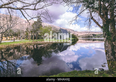 Ansicht des Gouganebarra See und den Fluss Lee, mit der Heiligen Finbarr Kapelle Kapelle im Hintergrund. Stockfoto