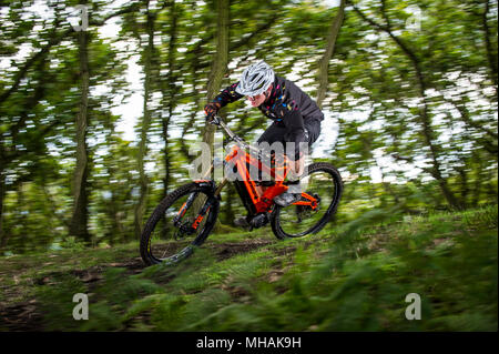 Ein Mann reitet einen elektrischen Pedal e-Bike mit einer Drehzahl, die durch die Wälder zu unterstützen. Stockfoto