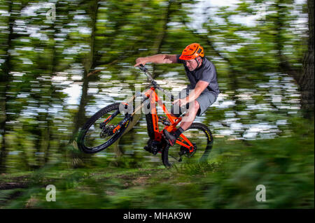 Ein Mann reitet einen elektrischen Pedal e-Bike mit einer Drehzahl, die durch die Wälder zu unterstützen. Stockfoto